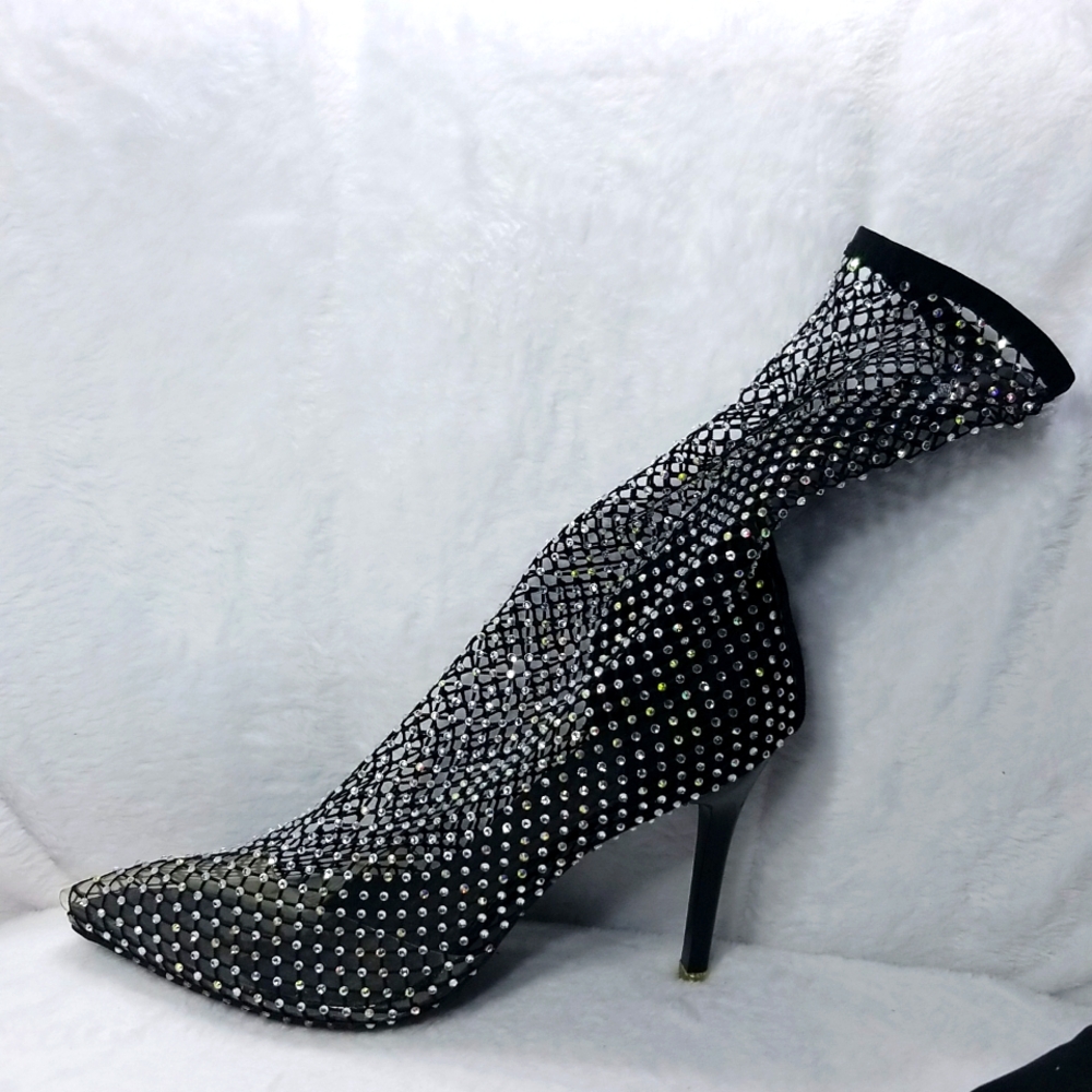 Women's Rhinestone Mesh Over The Ankle Boots,Stretch Sexy Pointed Toe Size 7